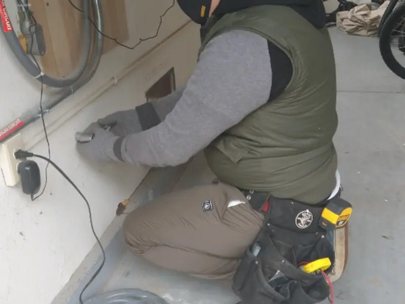 Electrician performing outlet wiring in a Pomona garage